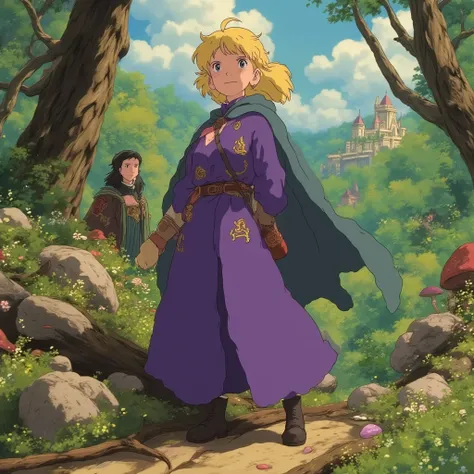 "A joyful and colorful anime-style illustration of a young mage in a magical, medieval fantasy world. The character is a spirited girl with bright, flowing blonde hair, wearing a vibrant purple robe adorned with golden runes. She holds a glowing crystal or...