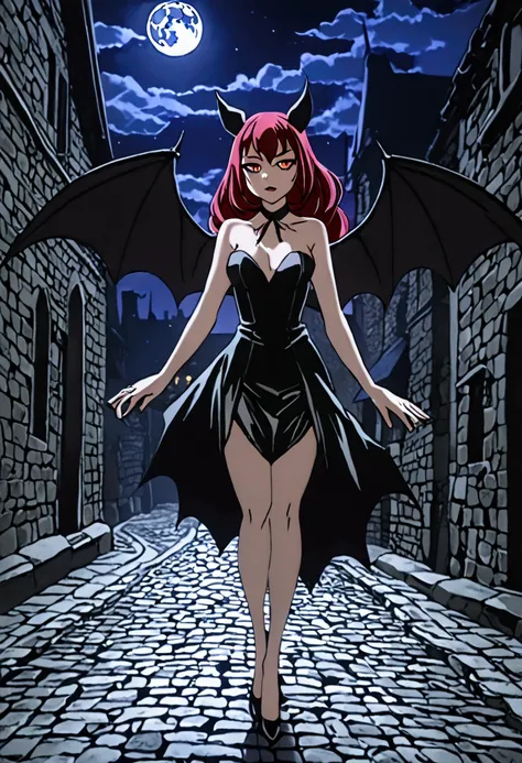 full body, rouge the bat, devil wings,seductive short translucent black dress, cobblestone, full moon, at night, darkness