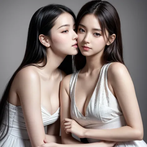 (two girls is deeply in love with each other, kiss:1.2), aodai white, Photo art, (flower), Great photos with beautiful saturation,  super high resolution ,( realistic :1.4)),Deep Shadow,( top quality, masterpiece),  pale skin, Dim Shade, Panicked, ,  very ...