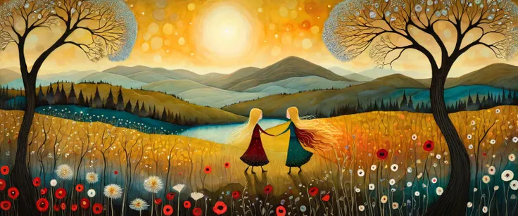 No estilo de Andy Kehoe e Tracy Grimwood .  Stylized Figures .  ethereal long-haired blonde ,  wearing a wide and short skirt with floral motifs, sheets, Walk through the valley where you can see a river .  Mustard-colored sunset background, hills,  birch ...