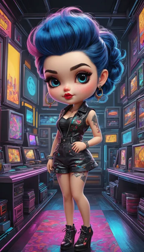  hyper detailed, uhd, 4k, sharp focus, Serigraphy ashion art of a chibi blythe rockabilly cybertech Style, full length ashion Illustration doodle art, beautiful provocative in a sensual pinup pose, 
 ,texture,ceramic,ink color style ,retro futuristic Comic...