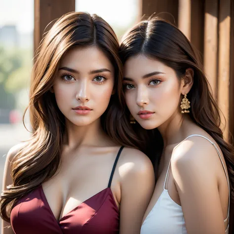 A broad perspective, Center,  Dynamic Poses ,  two beautiful young modern fashionable girls with beautiful expressive eyes, Skinship,  very detailed, 32k yen ,  high definition ,  sharp concentration,  high definition , Great Composition ,  cinematic atmos...