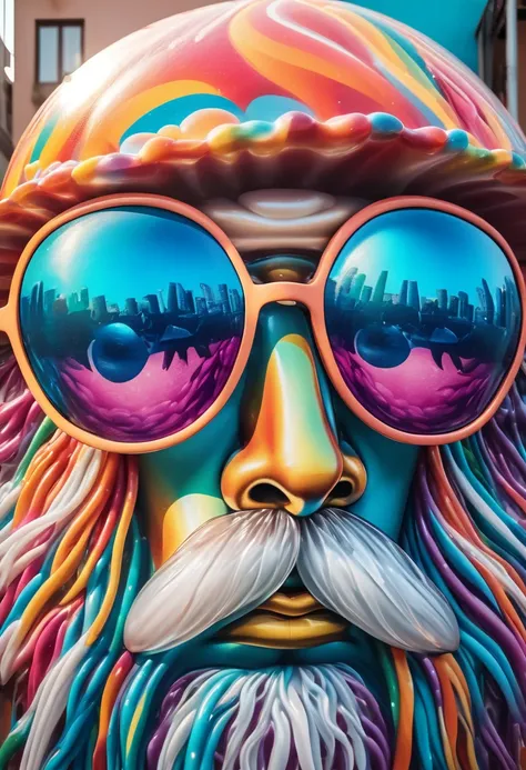 pride giant retro jelly fish wearing sun glass paint a picture on canvas, colorful graffiti wall. 4k, depth of field, intricate details, masterpiece, soft focus, soft lighting, quirky, RAW photo shot by dslr Fujifilm XT3