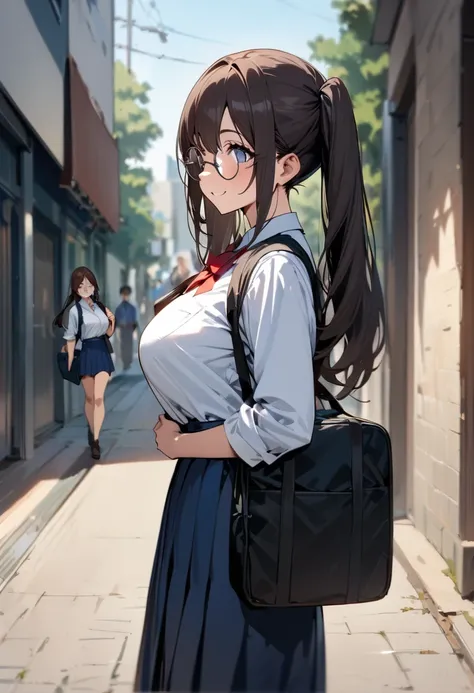 ( masterpiece , top quality:1.2),  1 girl, Alone,  Expressive Eyes , Walking with a student bag on his shoulder ,  straight hair,  dark haired twin tails , Round Glasses, ((( Perfect Face Girl Walking With Her Student Bag On Her Shoulder))),  Big Breasts H...