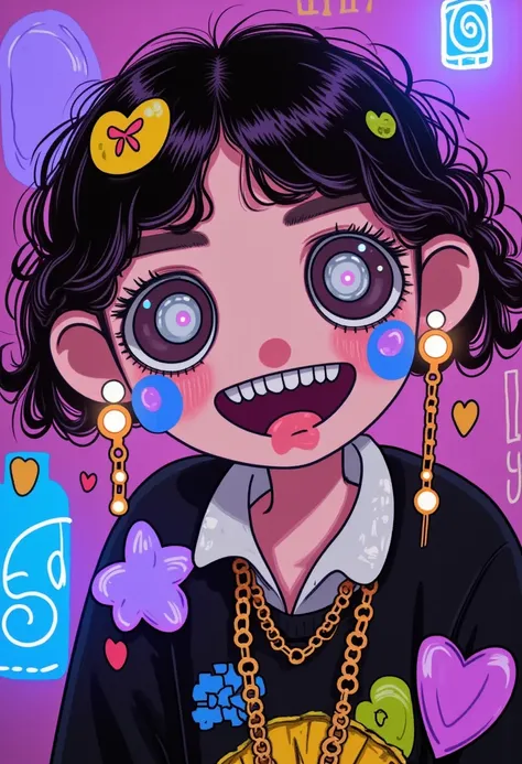   a close up of a person with curly short hair  and perforations,   half open mouth perfect teeth showing only the tongue  ,  Cheerful image wears chains  ,   black sweatshirt  , violet and cyan background  ,   Cyberpunk art inspired by Ross Tran  ,   tren...