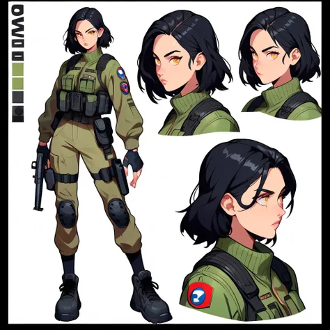 score_9, score_8_up, score_7_up, (CharacterSheet:1), video game character design, Navajo woman, amber eyes, black hair, gray tactical suit, black bullet proof vest, black combat, utility belt, black combat boots, gun holsters, simple black background, dyna...