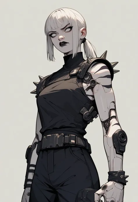 (score_9, score_8_up), score_7_up, zPDXL, Asian, thick, Straight bangs, White ponytail hair, pale white skin, black lipstick, Completely black eyes, synthetic body, ninjatech, techwear, spikes on the shoulder, intimidating pose, sarcastic smile , black sho...