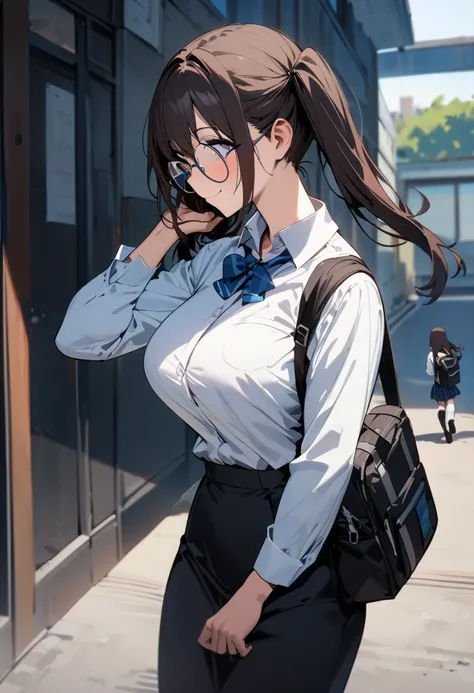 ( masterpiece , top quality:1.2),  1 girl, Alone,  Expressive Eyes , Walking with a student bag on his shoulder ,  straight hair,  dark haired twin tails , Round Glasses, ((( Perfect Face Girl Walking With Her Student Bag On Her Shoulder))),  Big Breasts H...