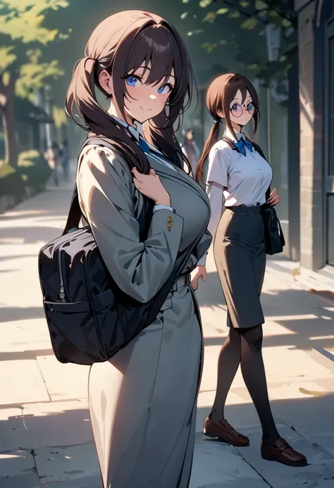 ( masterpiece , top quality:1.2),  1 girl, Alone,  Expressive Eyes , Walking with a student bag on his shoulder ,  straight hair,  dark haired twin tails , Round Glasses, ((( Perfect Face Girl Walking With Her Student Bag On Her Shoulder))),  Big Breasts H...