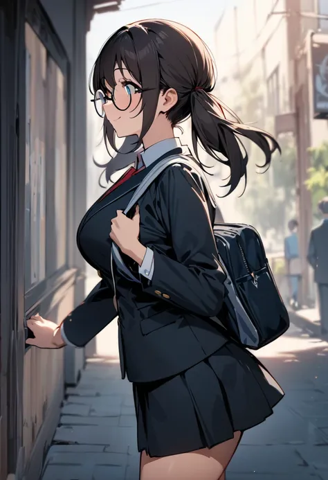 ( masterpiece , top quality:1.2),  1 girl, Alone,  Expressive Eyes , Walking with a student bag on his shoulder ,  straight hair,  dark hair twintails, Round Glasses, ((( Perfect Face Girl Walking With Her Student Bag On Her Shoulder))),  Big Breasts High ...