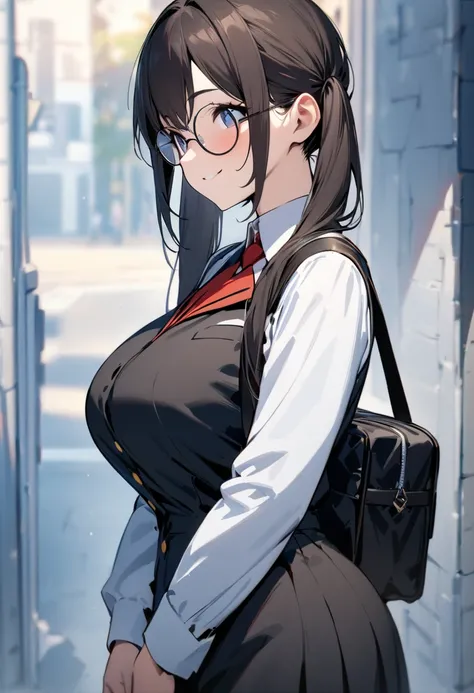 ( masterpiece , top quality:1.2),  1 girl, Alone,  Expressive Eyes , Walking with a student bag on his shoulder ,  straight hair,  dark hair twintails, Round Glasses, ((( perfect face girl ))),  Big Breasts High School Girl, uniform , smile, ( from the sid...