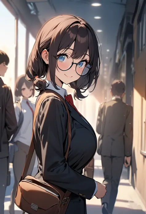 ( masterpiece , top quality:1.2),  1 girl, Alone,  Expressive Eyes , Walking with a student bag on his shoulder ,  straight hair,  dark hair twintails, Round Glasses, ((( Perfect Face Girl Walking With Her Student Bag On Her Shoulder))),  Big Breasts High ...