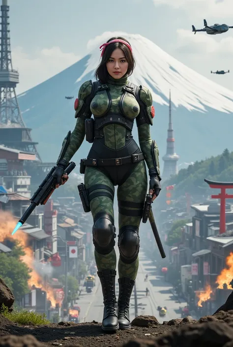 A hyper-realistic and cinematic depiction of a beautiful and graceful female warrior dressed in an authentic Japanese military uniform, standing resolutely on a futuristic battlefield. Her uniform features a modernized camouflage design in shades of green ...