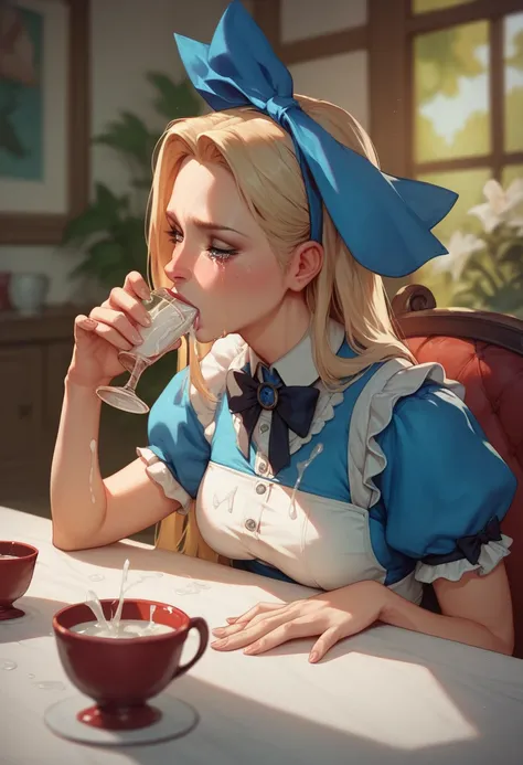  Alice in Wonderland crying sitting at the table drinking from a cup full of semen