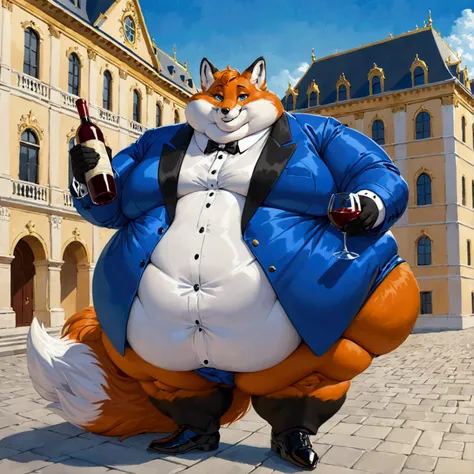 Very Extremely Morbidly-Obese Fox with unbelievably Very very very Extremely Massive Overhang white Belly, wears shoes, wears Full tuxedo Suit, Directly looks at you, smiling, beautiful blue eyes, holding wine bottle, royal building background. 