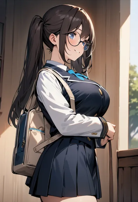 ( masterpiece , top quality:1.2),  1 girl, Alone,  Expressive Eyes , Walking with a student bag on his shoulder ,  straight hair,  dark hair twintails, Round Glasses, ((( perfect face girl ))),  Big Breasts High School Girl, uniform , smile, ( from the sid...