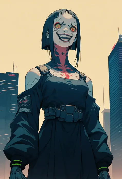 (score_9, score_8_up), score_7_up, zPDXL, Asian, thick, synthetic body, ninjatech, techwear, sarcastic smile,b Puppet girl, Psychopath, insane, smeared lipstick, smeared clown makeup, puppet body, low-cut black dress, animated pose, covered in Japanese dem...