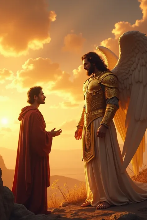  Adam from the Bible talking to an angel in golden armor,  in the background an orange and gold sunset ,  with white and dark clouds , 4K,  Ultra realistic, landscape style, real mode ,  realistic leftover  