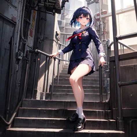 A high school-aged girl is climbing a set of backstage stairs in a theater, heading toward a brightly lit stage. She is mid-step, her expression showing focus and slight excitement. Her outfit flows lightly as she moves, suggesting urgency. The background ...