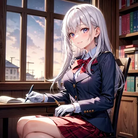 “A high school-aged girl is seated at a wooden desk in a cozy library during winter, trying to write with a pen while wearing gloves. She has an amused expression on her face as she realizes the difficulty of writing with gloves on. The background features...