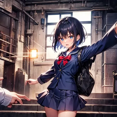 A high school-aged girl is climbing a set of backstage stairs in a theater, heading toward a brightly lit stage. She is mid-step, her expression showing focus and slight excitement. Her outfit flows lightly as she moves, suggesting urgency. The background ...