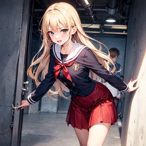 A high school-aged girl is climbing a set of backstage stairs in a theater, heading toward a brightly lit stage. She is mid-step, her expression showing focus and slight excitement. Her outfit flows lightly as she moves, suggesting urgency. The background ...