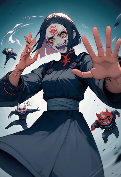 (score_9, score_8_up), score_7_up, zPDXL, Asian, thick, synthetic body, ninjatech, techwear, sarcastic smile,b Puppet girl, Psychopath, insane, smeared lipstick, smeared clown makeup, black flame hair, puppet body, low-cut black dress, animated pose, Float...