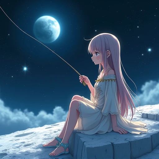 Anime girl sitting on moon,fishing,close view