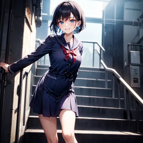 A high school-aged girl is climbing a set of backstage stairs in a theater, heading toward a brightly lit stage. She is mid-step, her expression showing focus and slight excitement. Her outfit flows lightly as she moves, suggesting urgency. The background ...