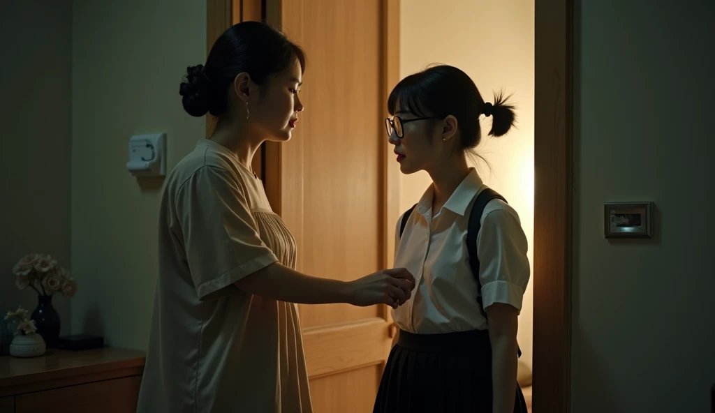 Full shot. A 40-year-old Korean woman, wearing a dress, opening the door of her apartment to a young Asian woman. Black hair tied up and glasses. School uniform, white shirt, black skirt.. cinematic. dramatic lighting