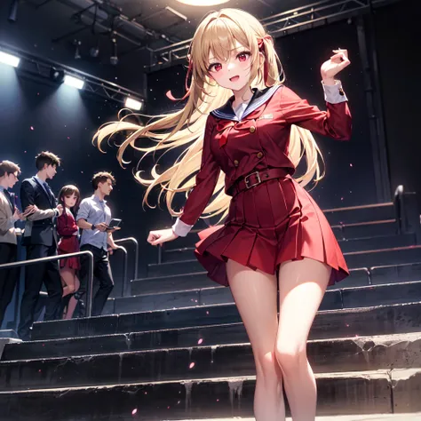 A high school-aged girl is climbing a set of backstage stairs in a theater, heading toward a brightly lit stage. She is mid-step, her expression showing focus and slight excitement. Her outfit flows lightly as she moves, suggesting urgency. The background ...