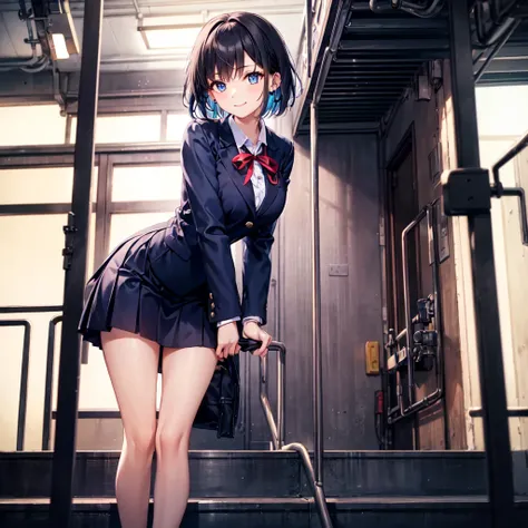 A high school-aged girl is climbing a set of backstage stairs in a theater, heading toward a brightly lit stage. She is mid-step, her expression showing focus and slight excitement. Her outfit flows lightly as she moves, suggesting urgency. The background ...