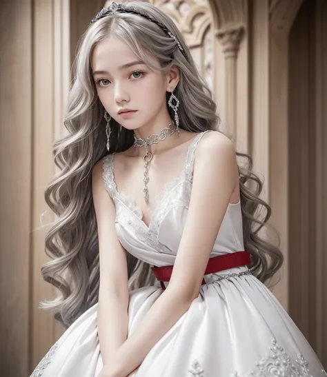 10yo,  very cute girl,  ,  Silver Hair,  Super Long Wavy Hair , Trimmed hair ,  shiny hair with makeup,  smooth hair like thread ,  expressive hair , Natural Bangs,  very white skin ,  very beautiful skin ,  Slender Eyes,  eyebrows at the outer corner of t...