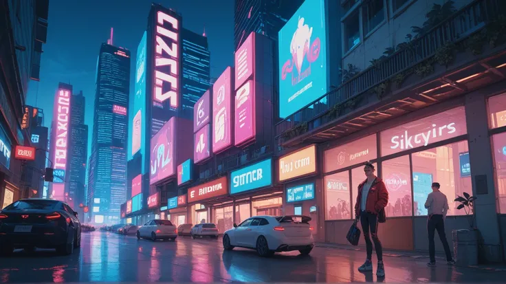 Futuristic city with tall skyscrapers and neon lights