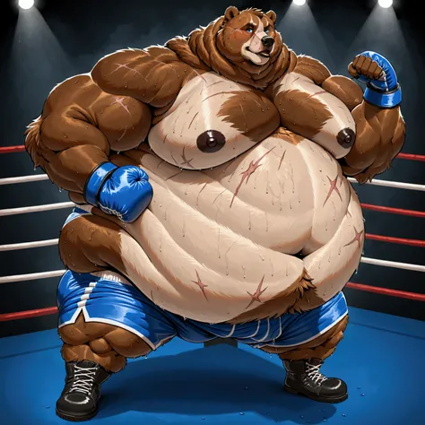 Very Extremely Morbidly-Obese Immobile fluffy Brown Grizzly Bear with unbelievably Very very very Extremely Massive Overhang white Belly, wears boots, wears boxing shorts, Boxing ring, scar on the face, Beautiful Blue eyes, flexing, sweating, bruises.