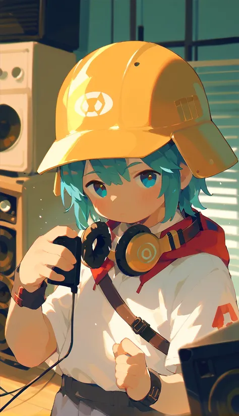 Illustration、 oblique camera angle、A man holding a speaker and suing、factory clothes 、 wearing a helmet、The face looks here and complains、４Life size、デフォルメ