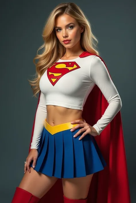 ull view of A SEXY CURVY FEMALE WITH DARK BLUE EYES AND MEDIUM MESSY GOLDEN BLONDE HAIR WEARING A CLASSIC WHITE SUPERGIRL LONG SLEEVED CROP TOP COSTUME, A SHORT BLUE PLEATED SKIRT WITH A YELLOW SUPERGIRL BELT, RED HIGH HEELED SUPERGIRL BOOTS, AND SHORT RED...