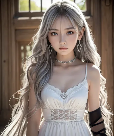 10yo,  very cute girl,  ,  Silver Hair,  Super Long Wavy Hair , Trimmed hair ,  shiny hair with makeup,  smooth hair like thread ,  expressive hair , Natural Bangs,  very white skin ,  very beautiful skin ,  Slender Eyes,  eyebrows at the outer corner of t...