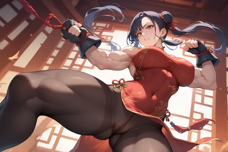  One Woman ,Big Breasts, muscular quadriceps,tight tights , clearly prominent muscles ,Female Warrior,Chinese Style, China Dress, punch, T-back , low angle,Pussy line