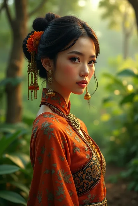 a woman from the sundanese tribe wearing traditional sundanese clothing, a red kebaya, wearing a batik sarong, her hair in a bun, in a rural village setting in the middle of a forest, (best quality,4k,8k,highres,masterpiece:1.2),ultra-detailed,(realistic,p...