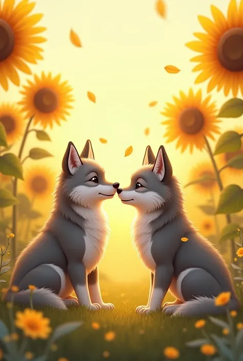 Shared photos for couples of cute wolves with sunflowers background 
