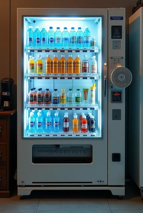 A vending machine that have a fan attached to the side of the vending machine In the vending machine have water, energy drinks, refreshing towel, sunscreen, small umbellar, energy bar, portable fan, inhalant.