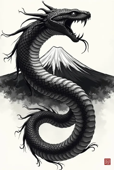 (( top quality)), ((masterpiece)), (  Details), Snake vector art cool wild Japanese style ink painting black and white Mt. Fuji