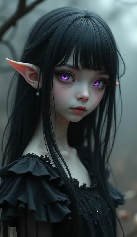 Beautiful girl cute , with small elf ears , black and white tones ,  purple eyes ,  one part of hair black , the other is white,  image almost black and white