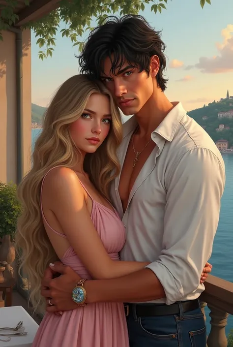 realistic oil painting. girl from 1,60 m,  has a small waist and wears a dress with several flights , pastel pink.  His long wavy blonde hair ,  his well-defined blue eyes . Pretty tall boy ,  he has a muscular physique and wears a half-open and tight whit...