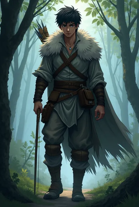 ((anime))(man) Young, sad, scar on his lip ,  pele morena,  with black hair ,  wearing medieval hunters clothing . He uses a ((skin of  ( wolfs head )  over the shoulders)),  with a fierce and confident appearance . The setting is a misty forest,  with sof...