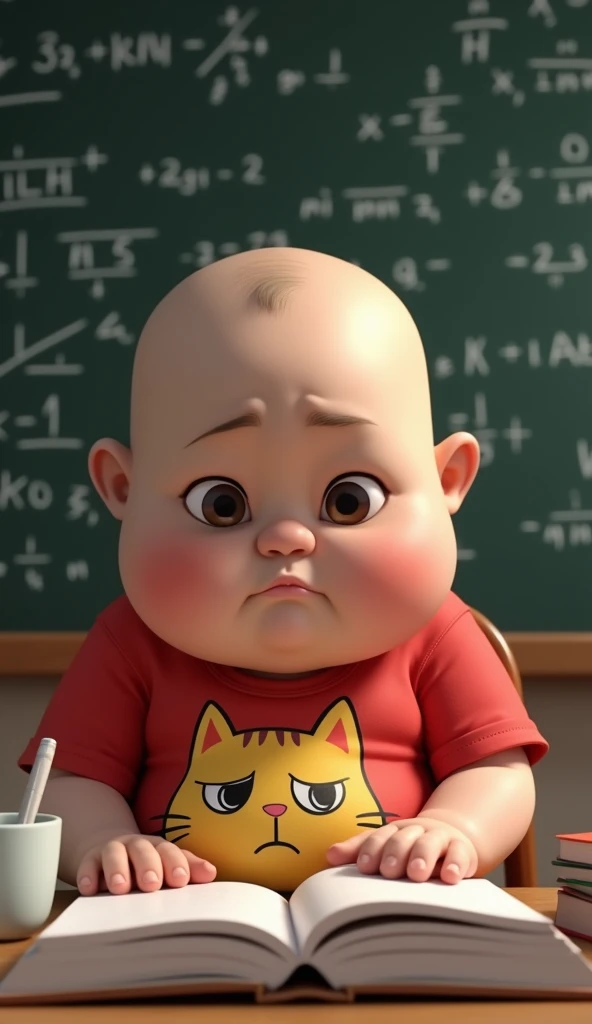  3D digital illustration of a very fat  male toddler, obesity, with exaggerated features and faces typical of ethnic Malays.  The  is bald headed ,  has a dark circle under his eyes ,  tired expression with slightly large eyes, looks tired, dan mulut frown...