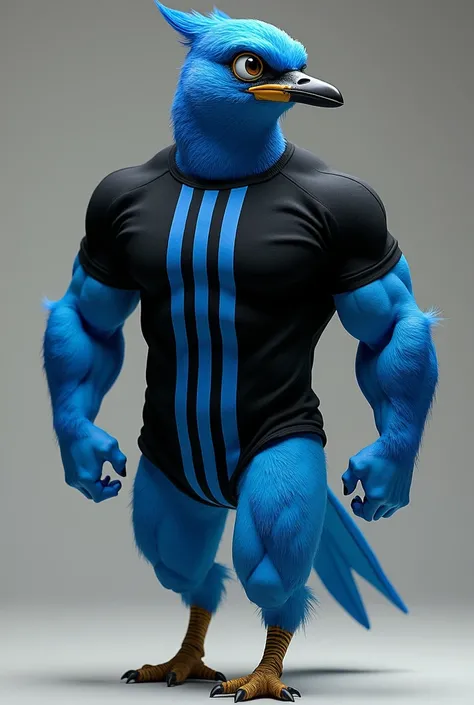 Muscular bluebird , with black t-shirt and vertical blue stripes