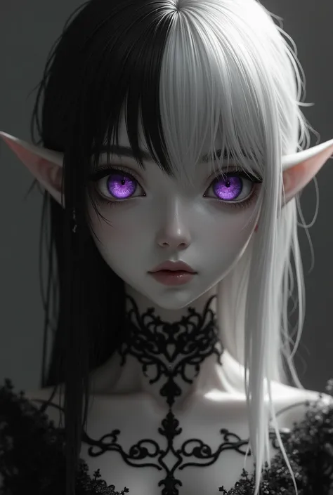 Beautiful girl cute , with small elf ears , black and white tones ,  purple eyes , black and white hair one side black the other white,  image almost black and white