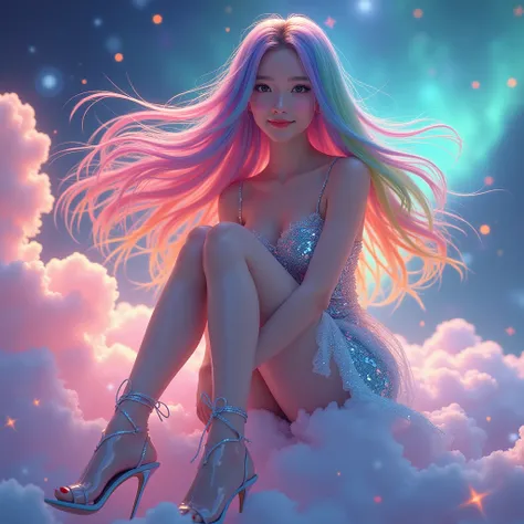  a girl with smooth rainbow-colored hair flying with the wind and an exquisite shiny cyan sequin dress, Shiori Suwano,  Octane Rendering , Mature, Happy, gentle, Confident , Full body close-up,  Clear transparent stockings ,  Clear Super-High Heels Thin He...